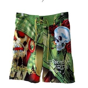 Ed Hardy Surf or Die Green Multicolour Skull Punk Y2K Swim Board Shorts Men’s 30